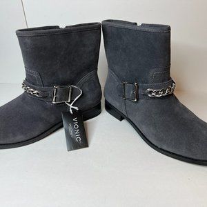 Vionic Crescent Gray Suede Moto Ankle Flat Boots Biker Women's Size 8.5